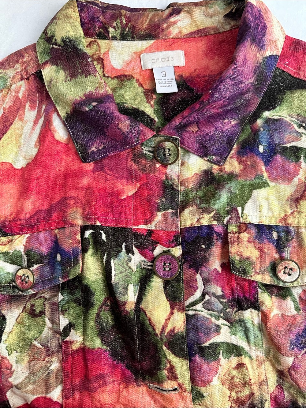 Chico's Size 3/XL Multicolor Watercolor Linen Cotton Floral Button Wearable Art - Picture 4 of 8